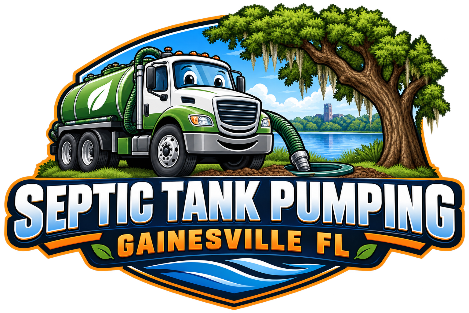 Septic Tank Pumping Gainesville FL logo with cartoon pump truck, Spanish moss oak tree, and Florida lake backdrop
